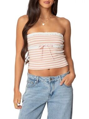 Edikted Lexi Ribbed blush and white Tube Top‎